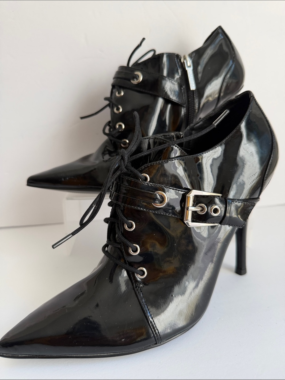 Black Patent Pointed Lace-Up Stiletto Booties with Buckle Halloween 8 or 9